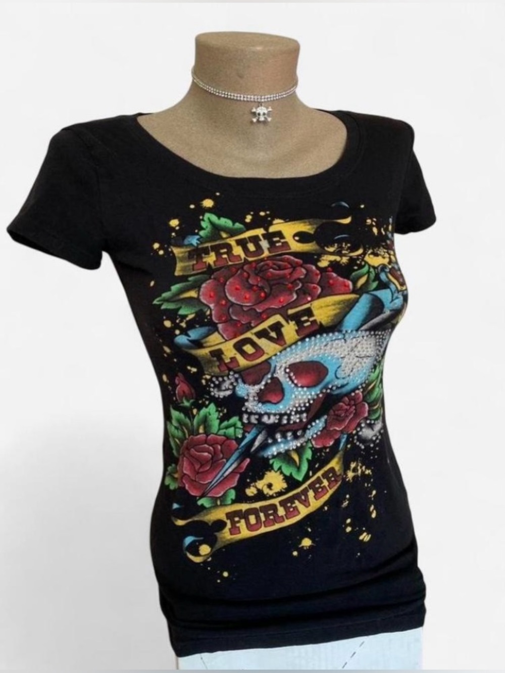 Y2k Ed Hardy Style Tattoo Design Skull Graphic Tee w Rhinestones & Cut Out Back